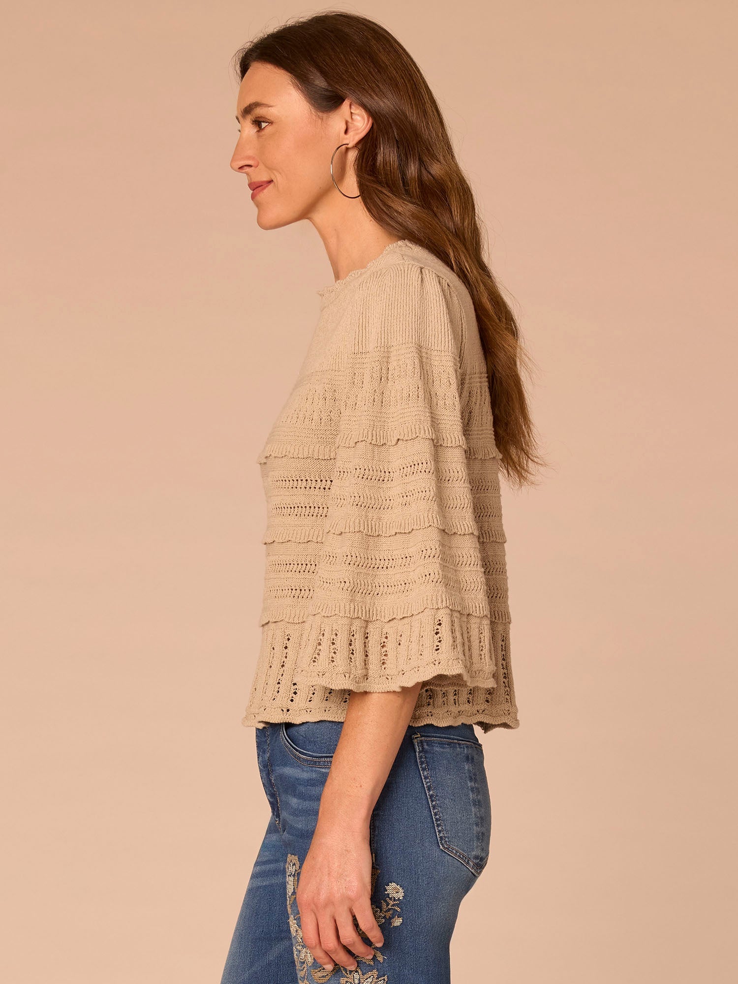 Bell Sleeve Round Neck Scallop Edge Variegated Stitch Mix Sweater