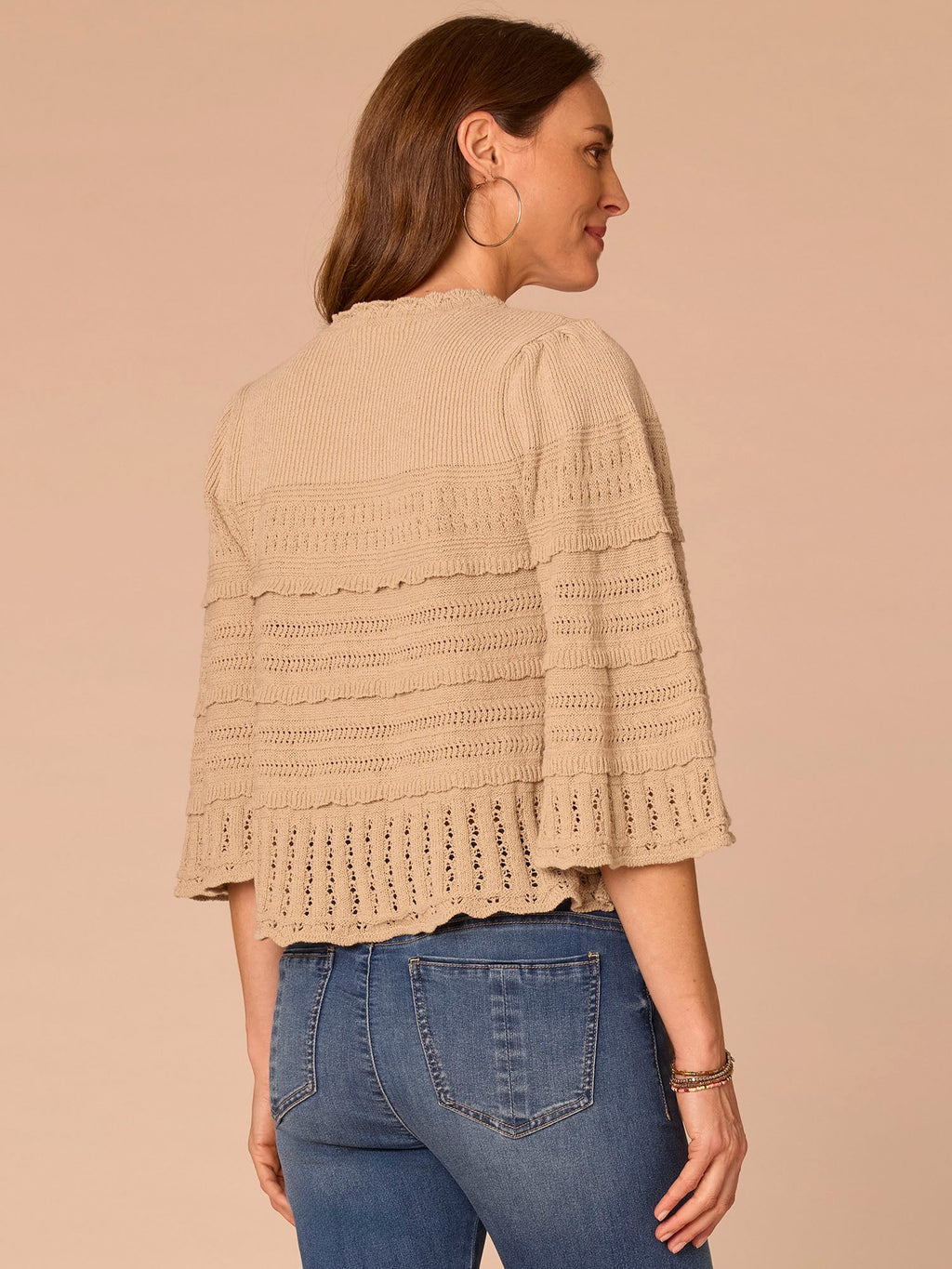 Bell Sleeve Round Neck Scallop Edge Variegated Stitch Mix Sweater