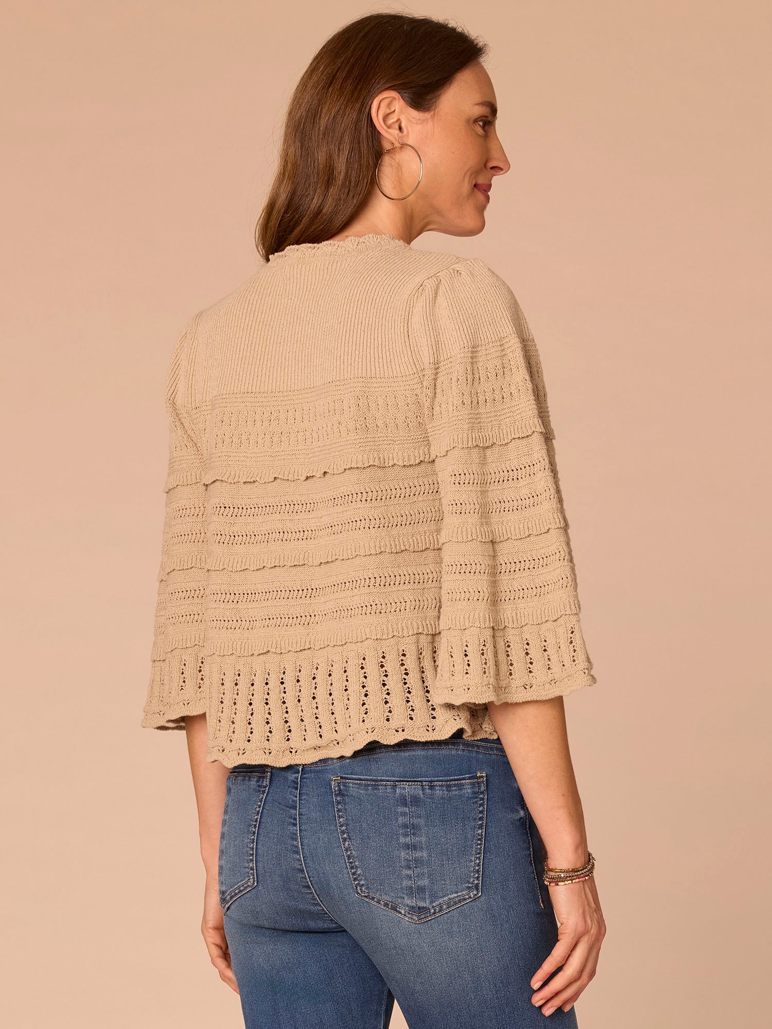 Bell Sleeve Round Neck Scallop Edge Variegated Stitch Mix Sweater