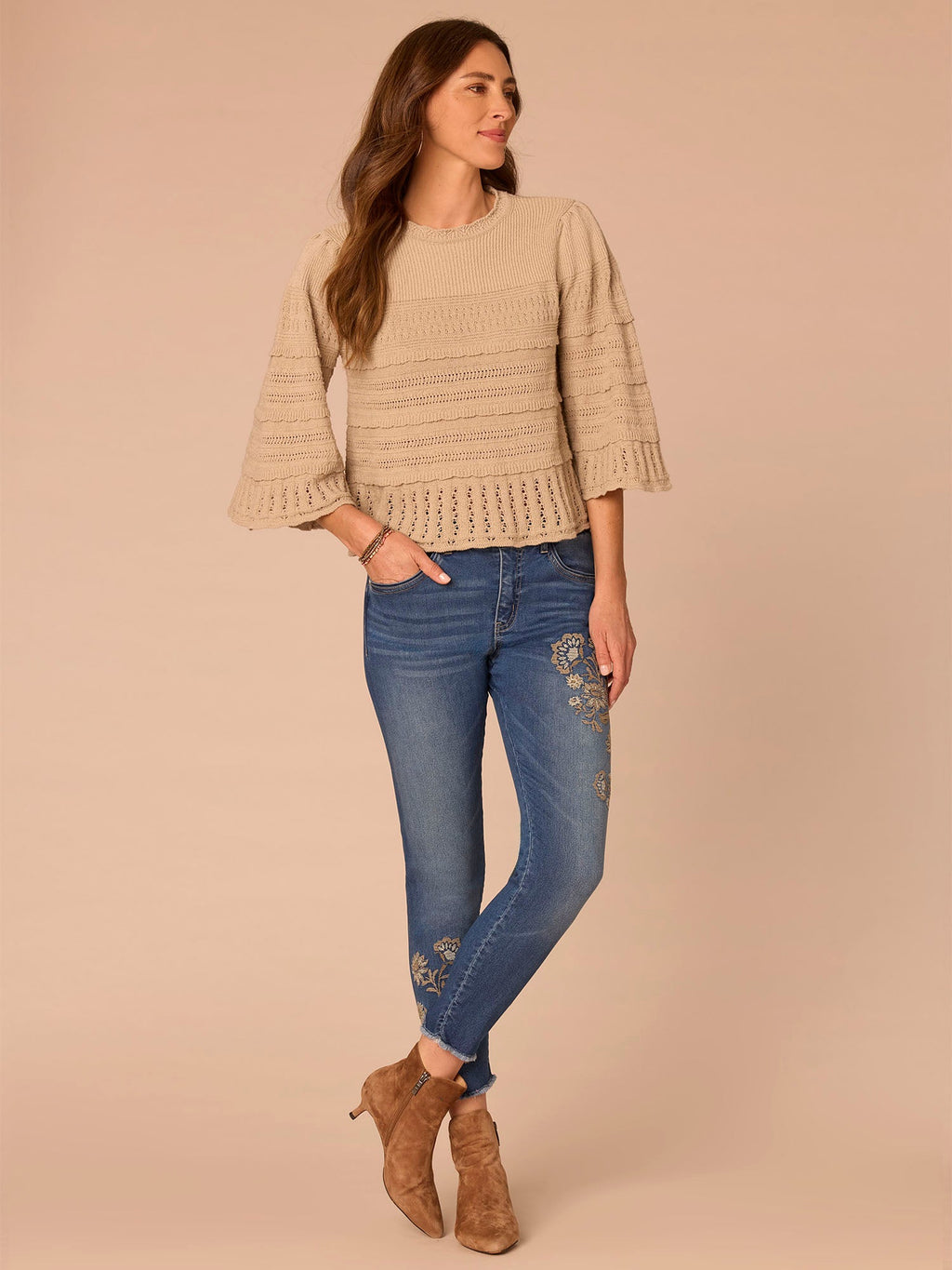 Bell Sleeve Round Neck Scallop Edge Stitch Mix Petite Sweater