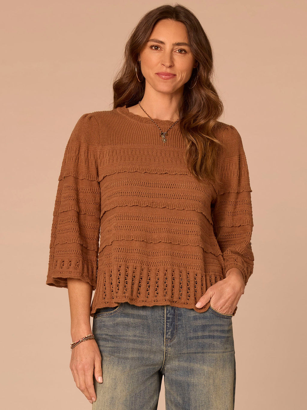 Bell Sleeve Round Neck Scallop Edge Stitch Mix Petite Sweater