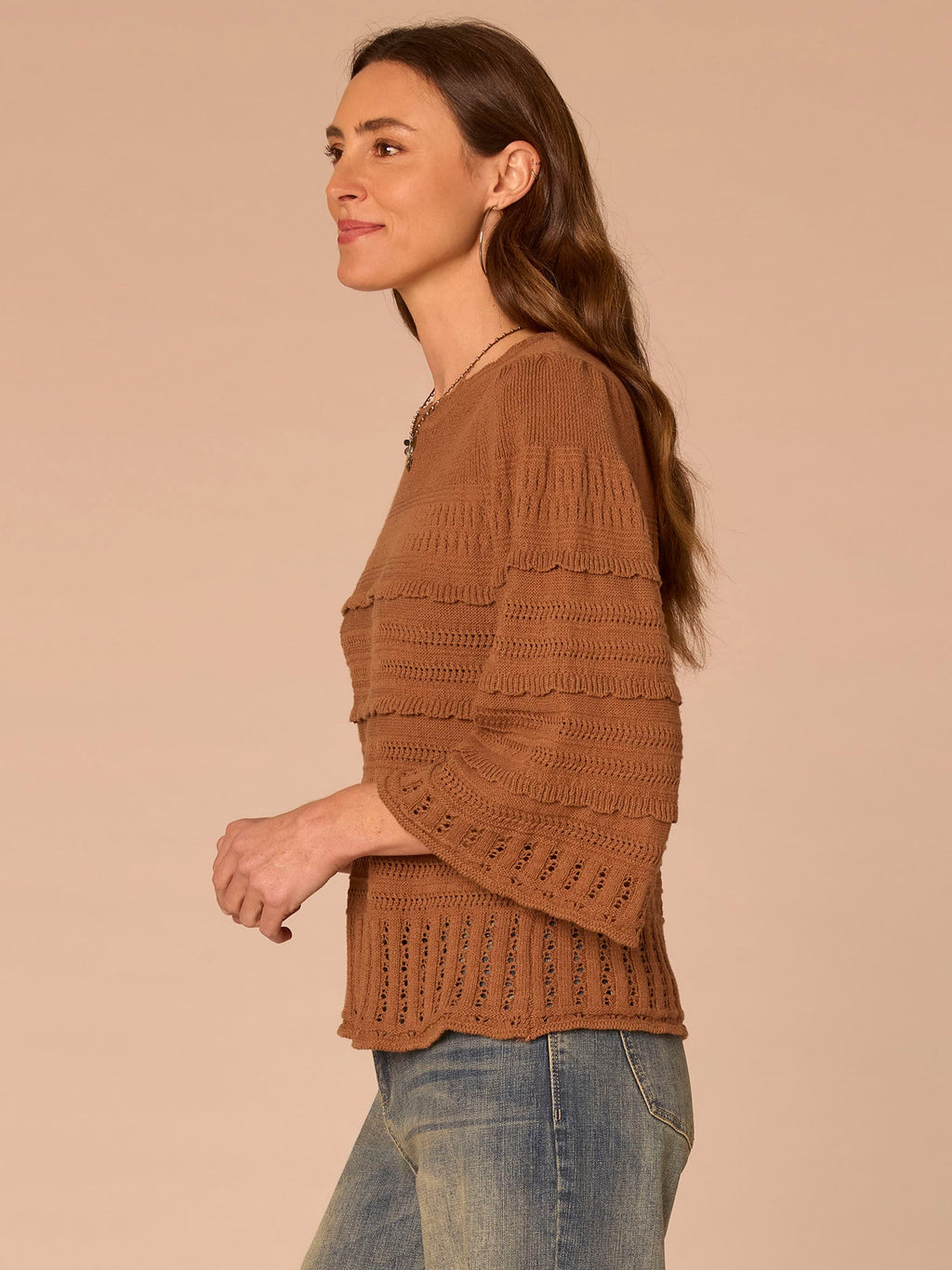 Bell Sleeve Round Neck Scallop Edge Stitch Mix Petite Sweater