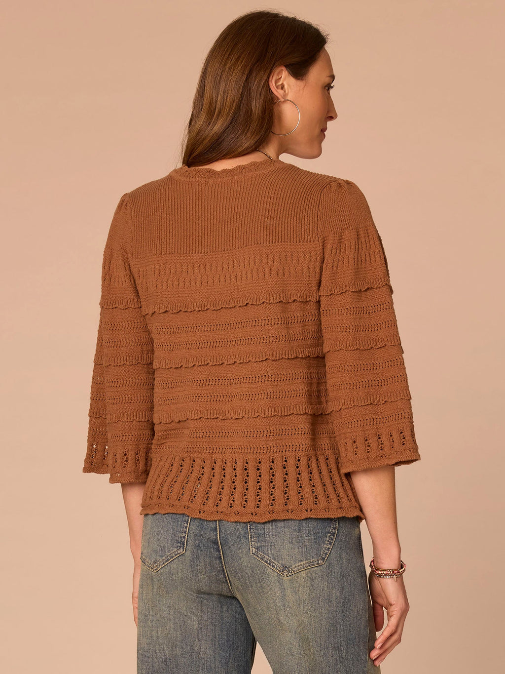 Bell Sleeve Round Neck Scallop Edge Stitch Mix Petite Sweater