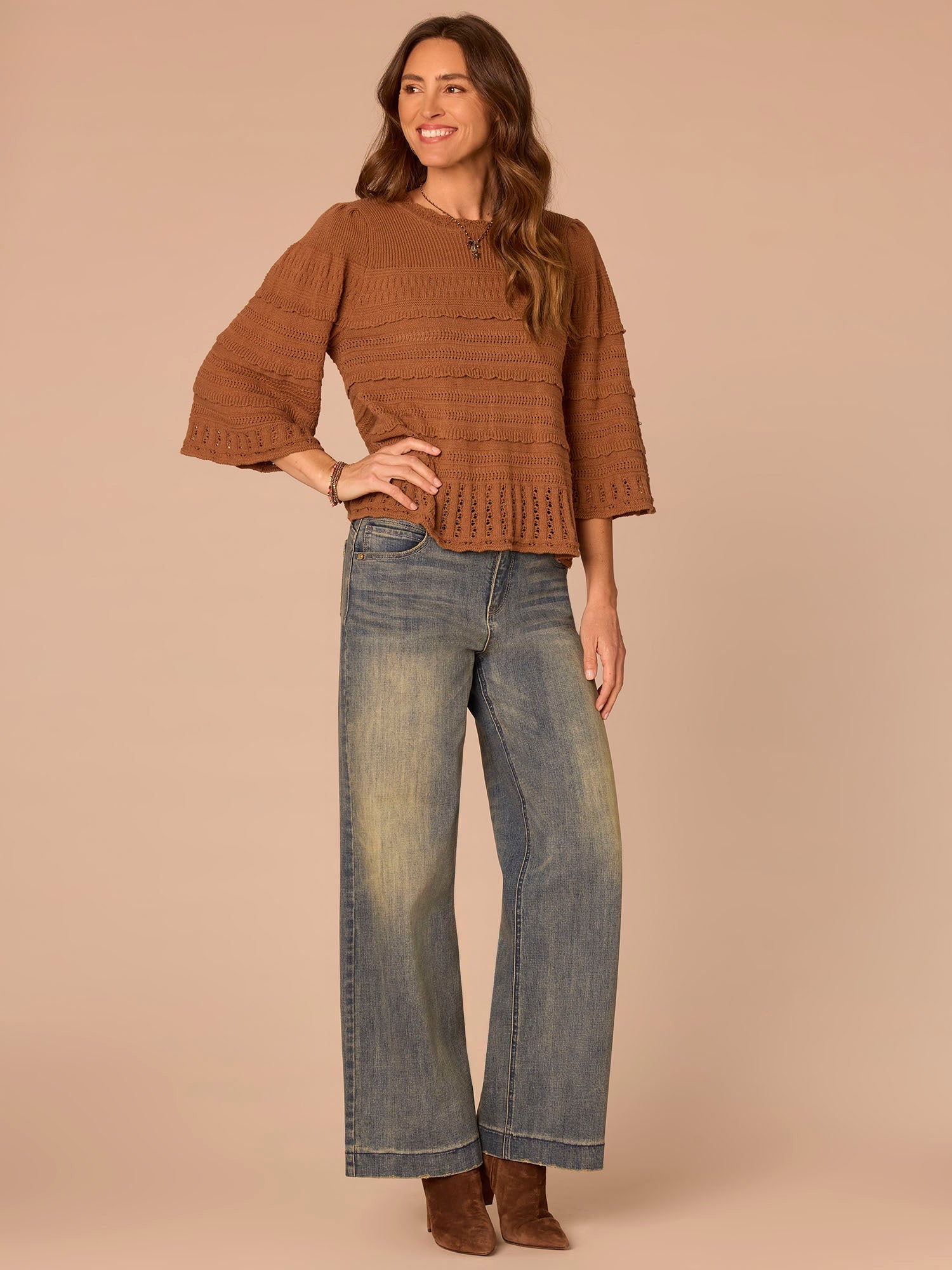 Bell Sleeve Round Neck Scallop Edge Stitch Mix Petite Sweater