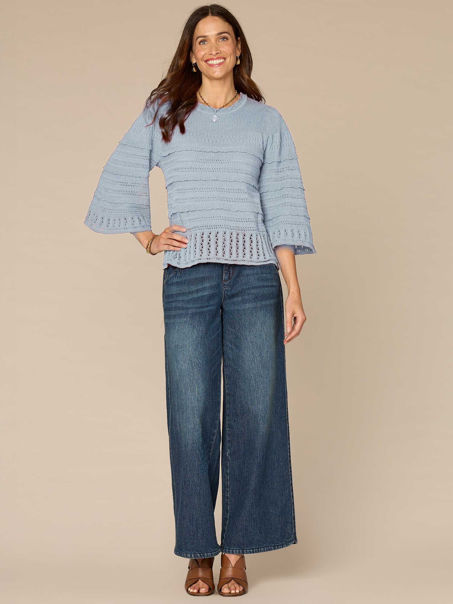 Bell Sleeve Round Neck Scallop Edge Variegated Stitch Mix Sweater