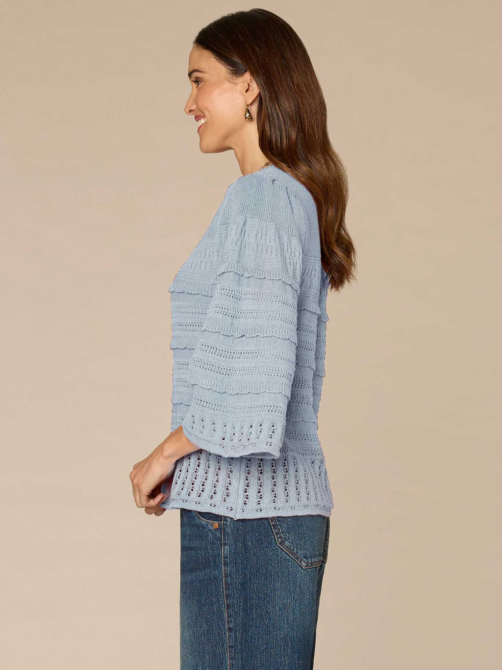 Bell Sleeve Round Neck Scallop Edge Stitch Mix Petite Sweater