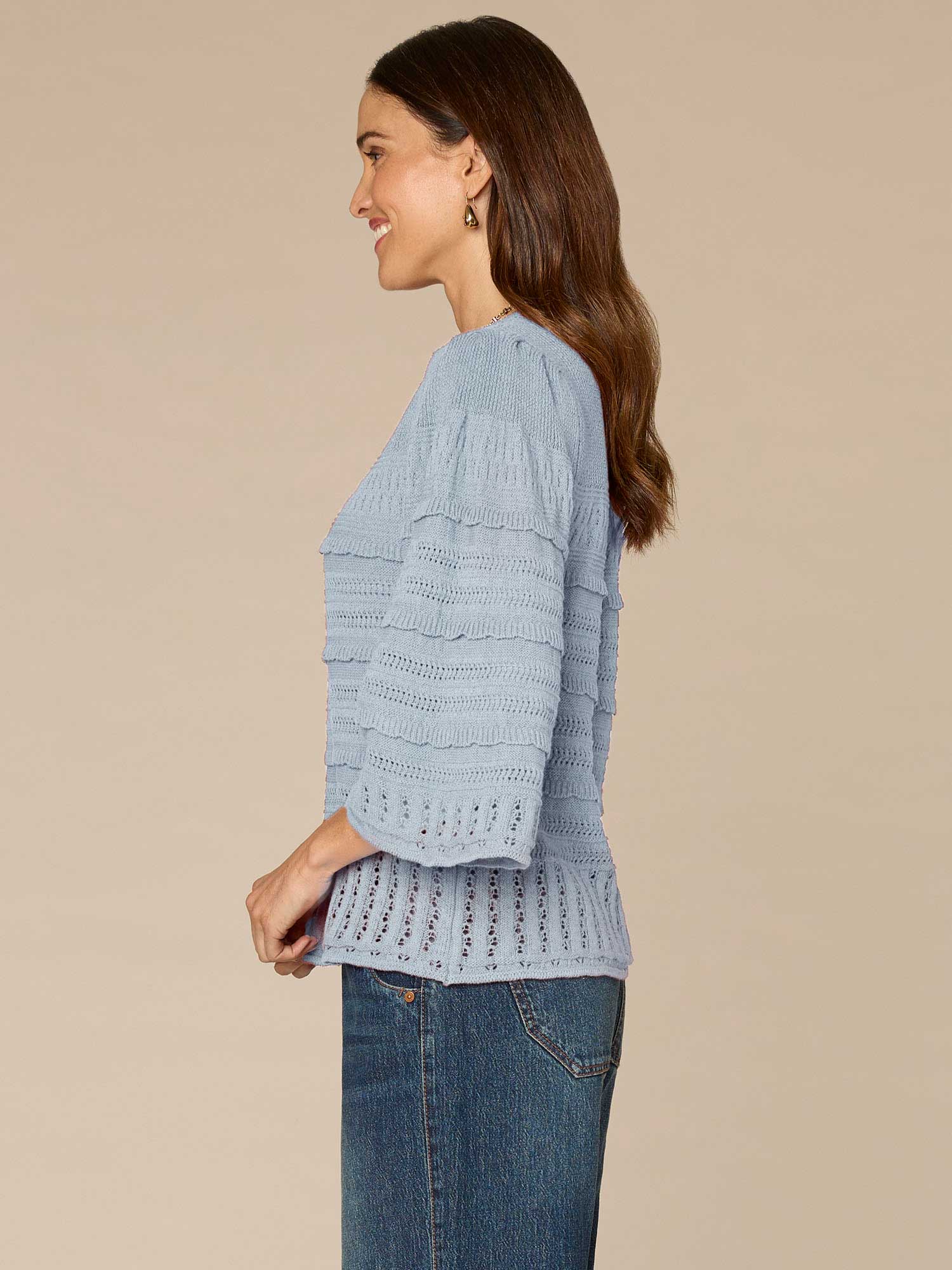 Bell Sleeve Round Neck Scallop Edge Stitch Mix Petite Sweater