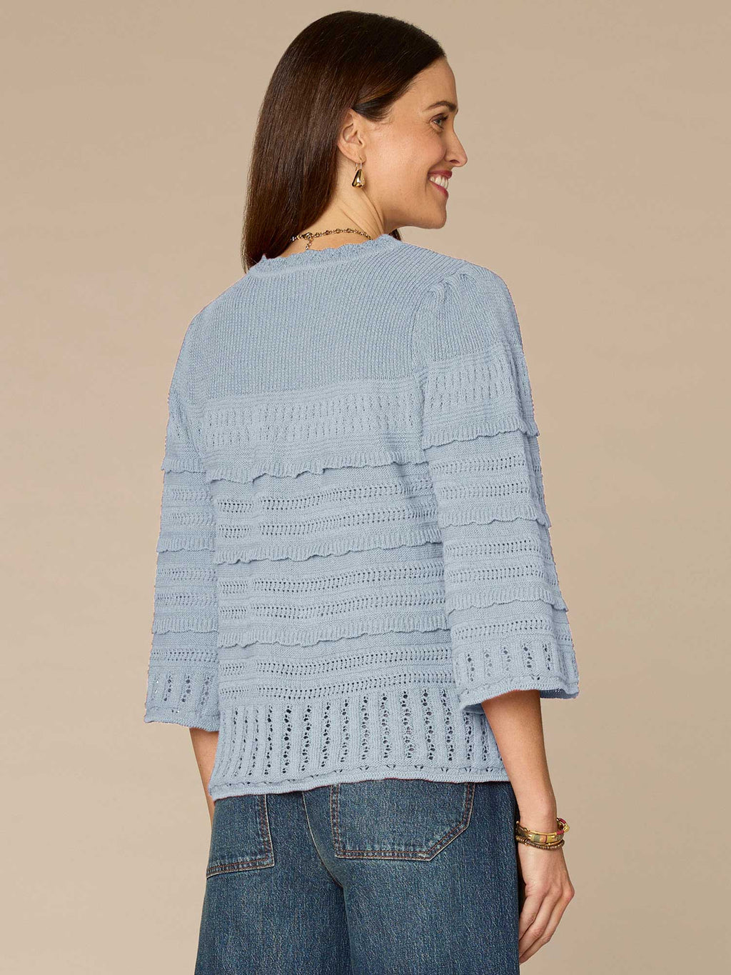 Bell Sleeve Round Neck Scallop Edge Variegated Stitch Mix Sweater