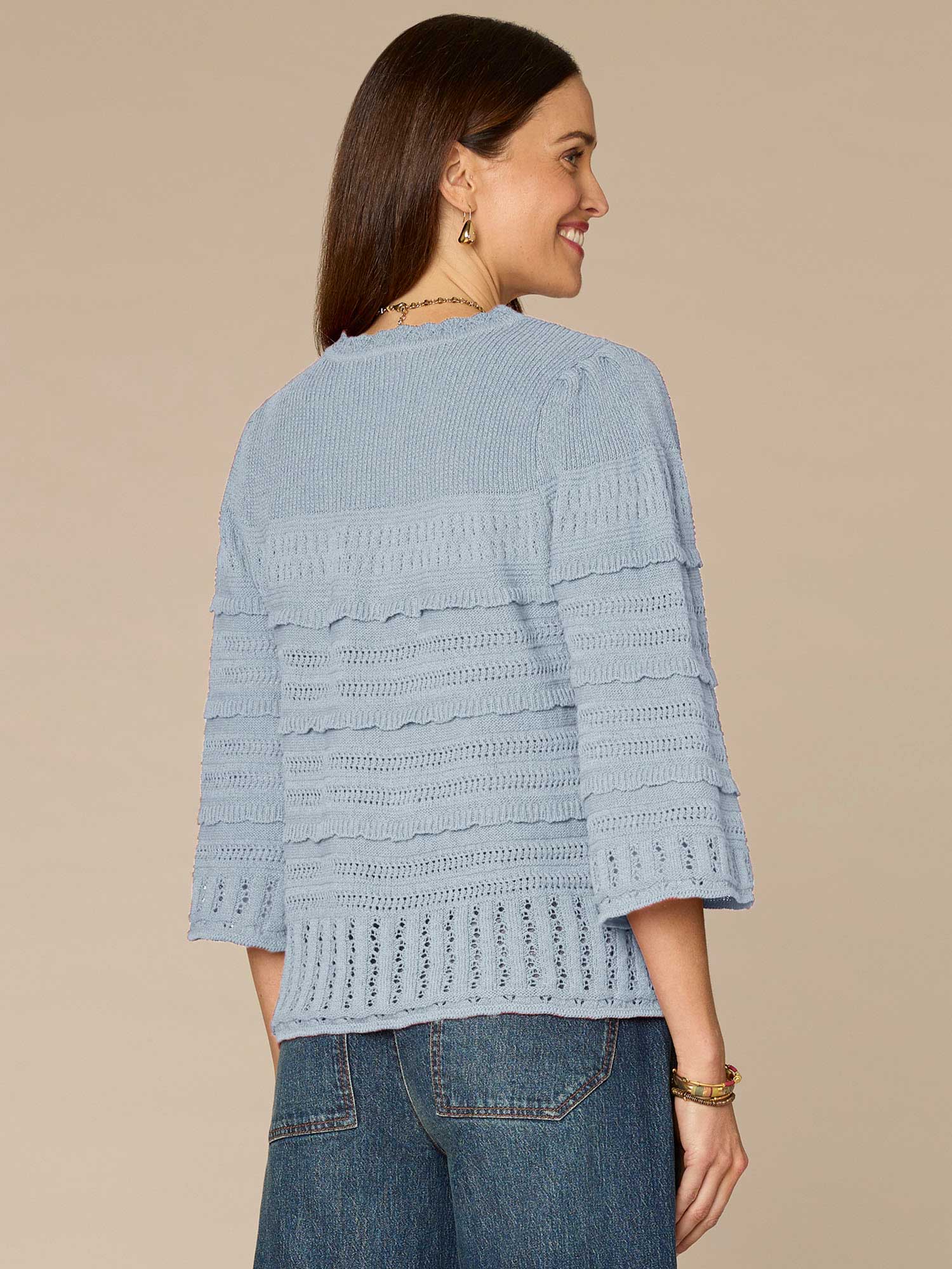 Bell Sleeve Round Neck Scallop Edge Variegated Stitch Mix Sweater