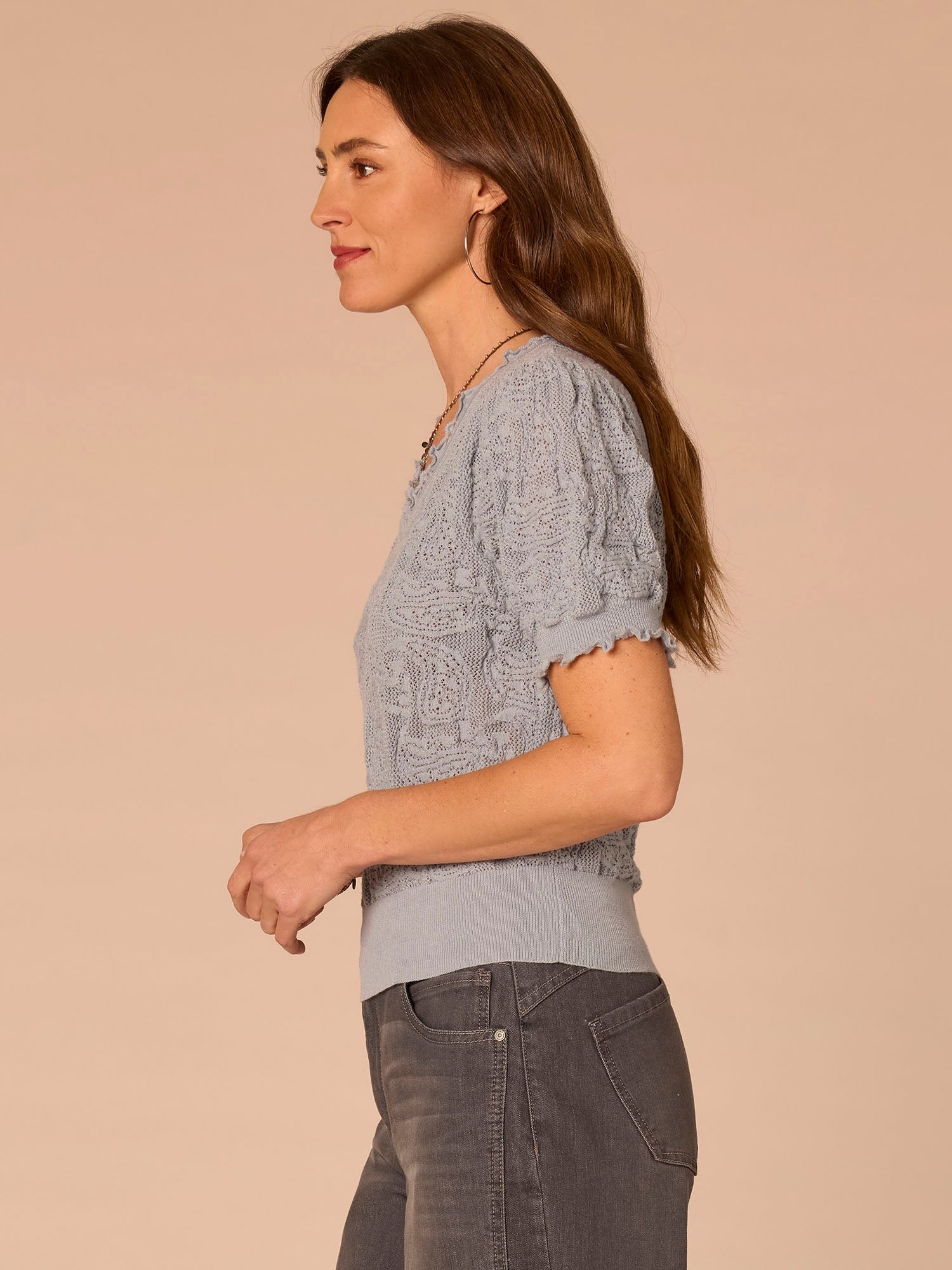 Above Elbow Banded Sleeve Scallop Edge V-Neck Jacquard Sweater