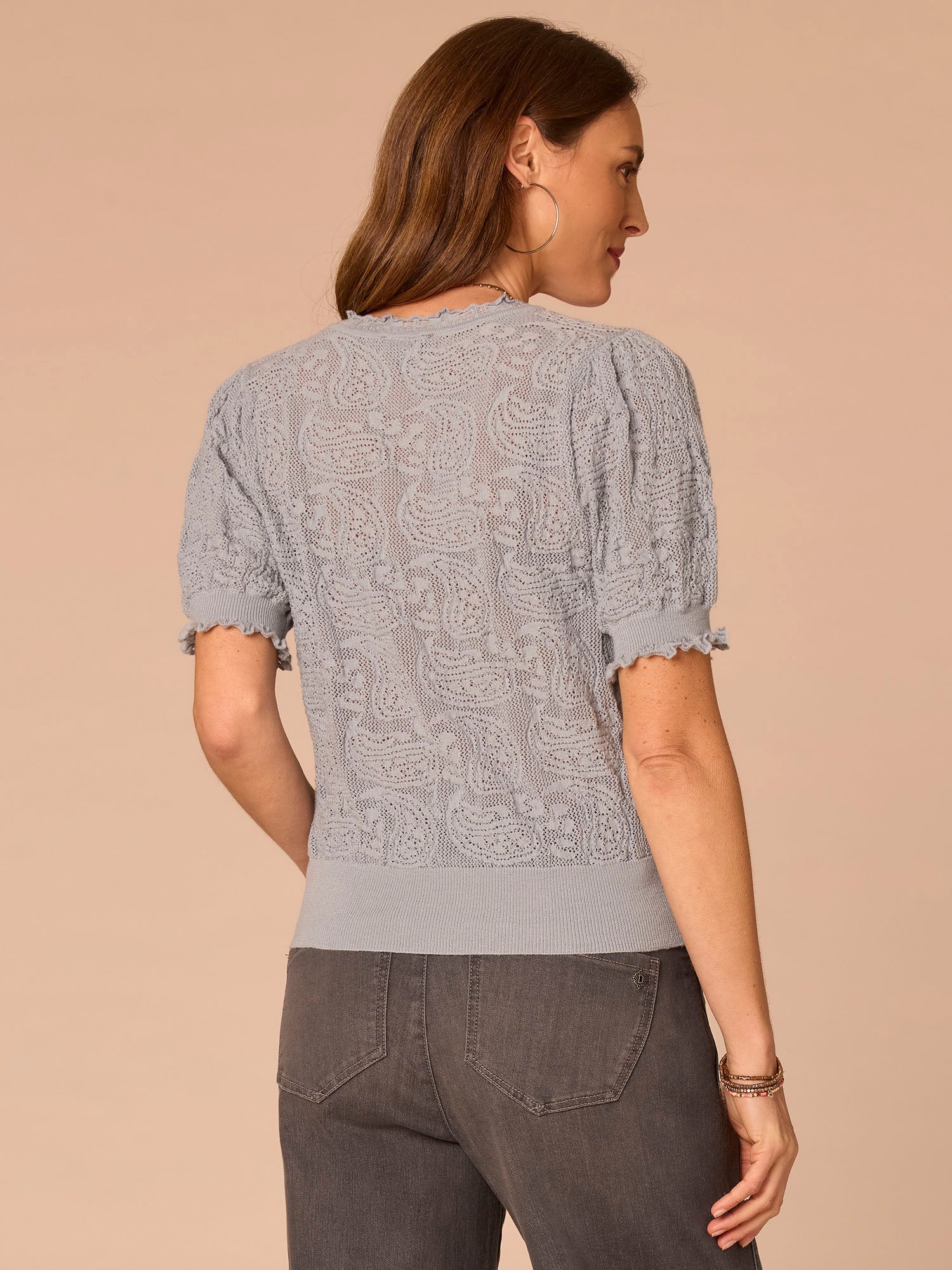 Above Elbow Banded Sleeve Scallop Edge V-Neck Jacquard Sweater