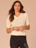 Above Elbow Banded Sleeve Scallop Edge V-Neck Petite Jacquard Sweater