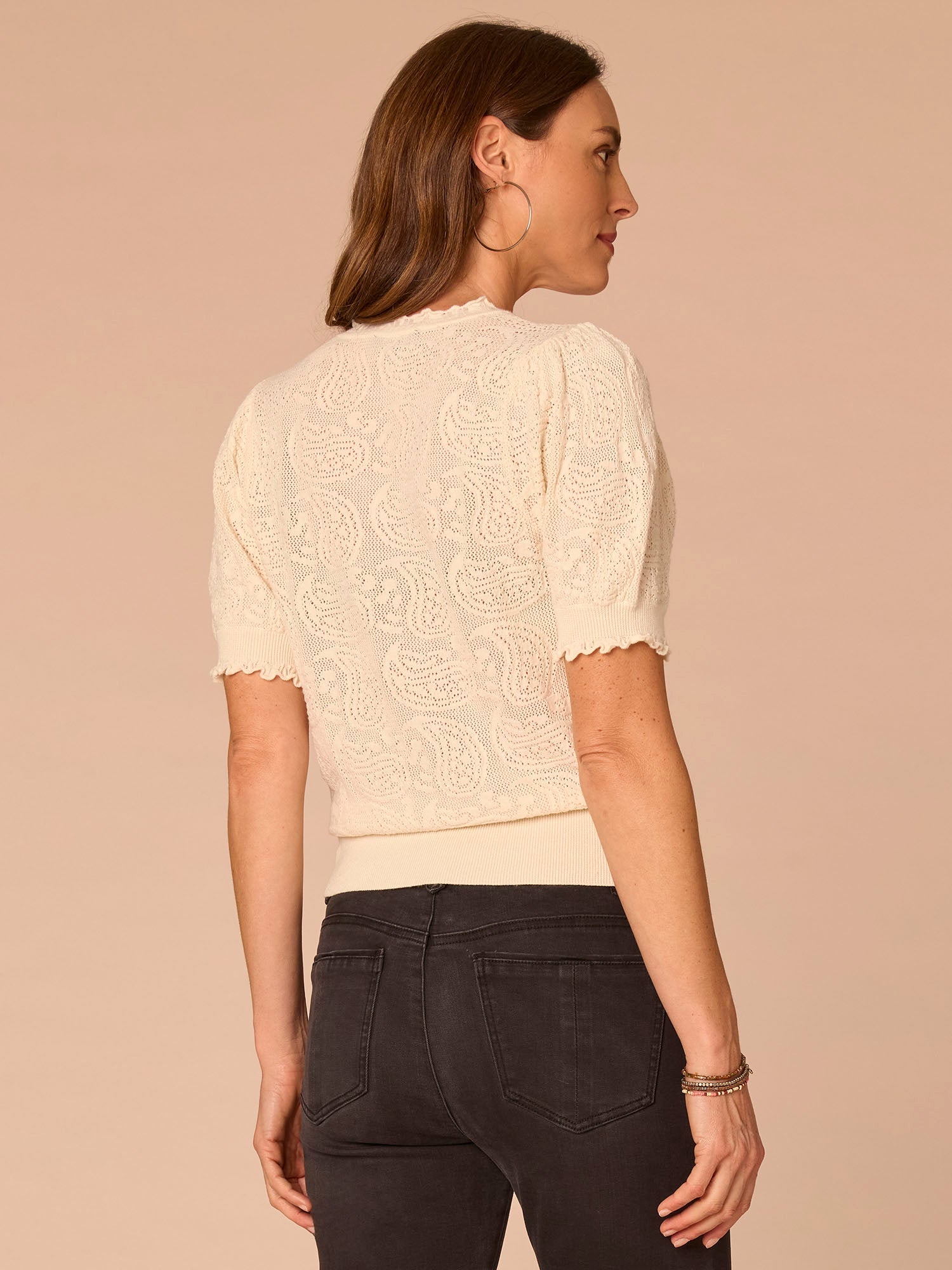 Above Elbow Banded Sleeve Scallop Edge V-Neck Petite Jacquard Sweater