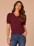 Above Elbow Banded Sleeve Scallop Edge V-Neck Jacquard Sweater