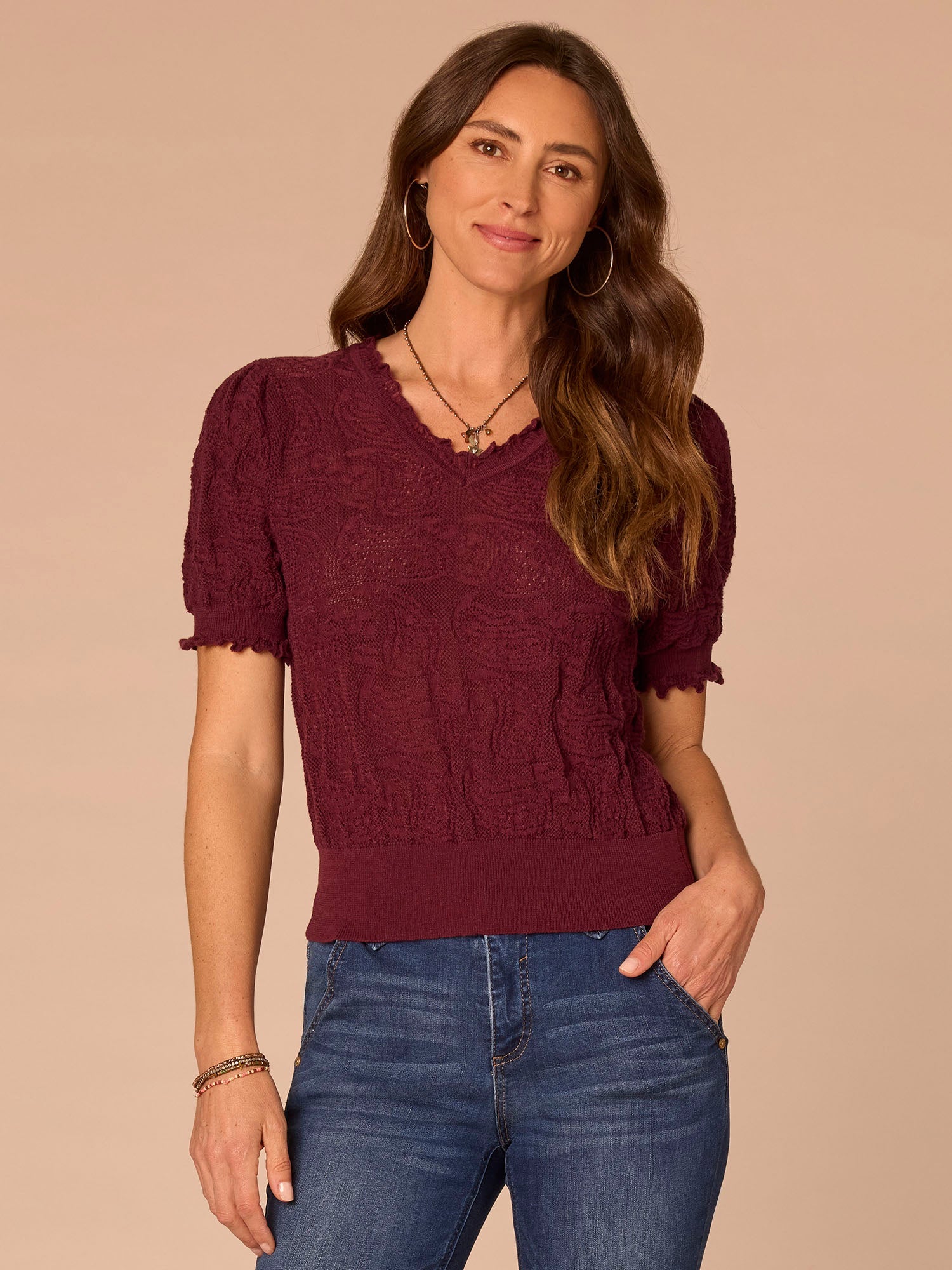 Above Elbow Banded Sleeve Scallop Edge V-Neck Jacquard Sweater