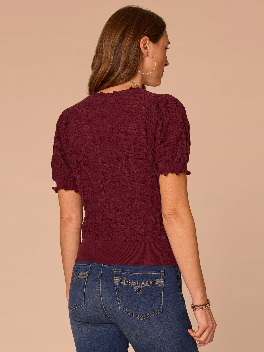 Above Elbow Banded Sleeve Scallop Edge V-Neck Jacquard Sweater