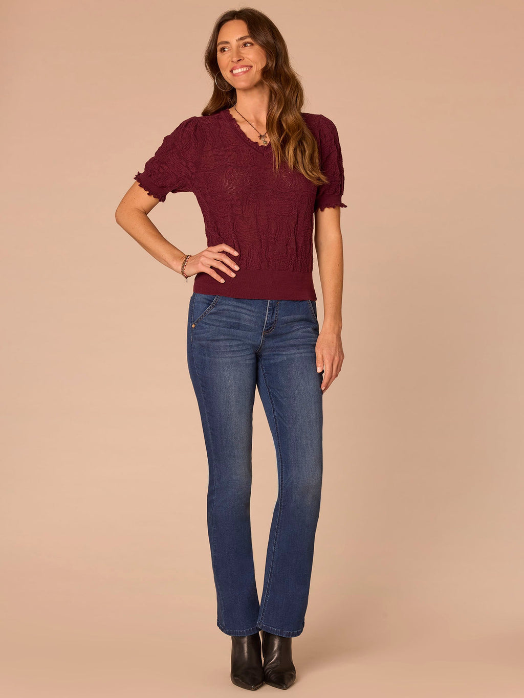 Above Elbow Banded Sleeve Scallop Edge V-Neck Jacquard Sweater