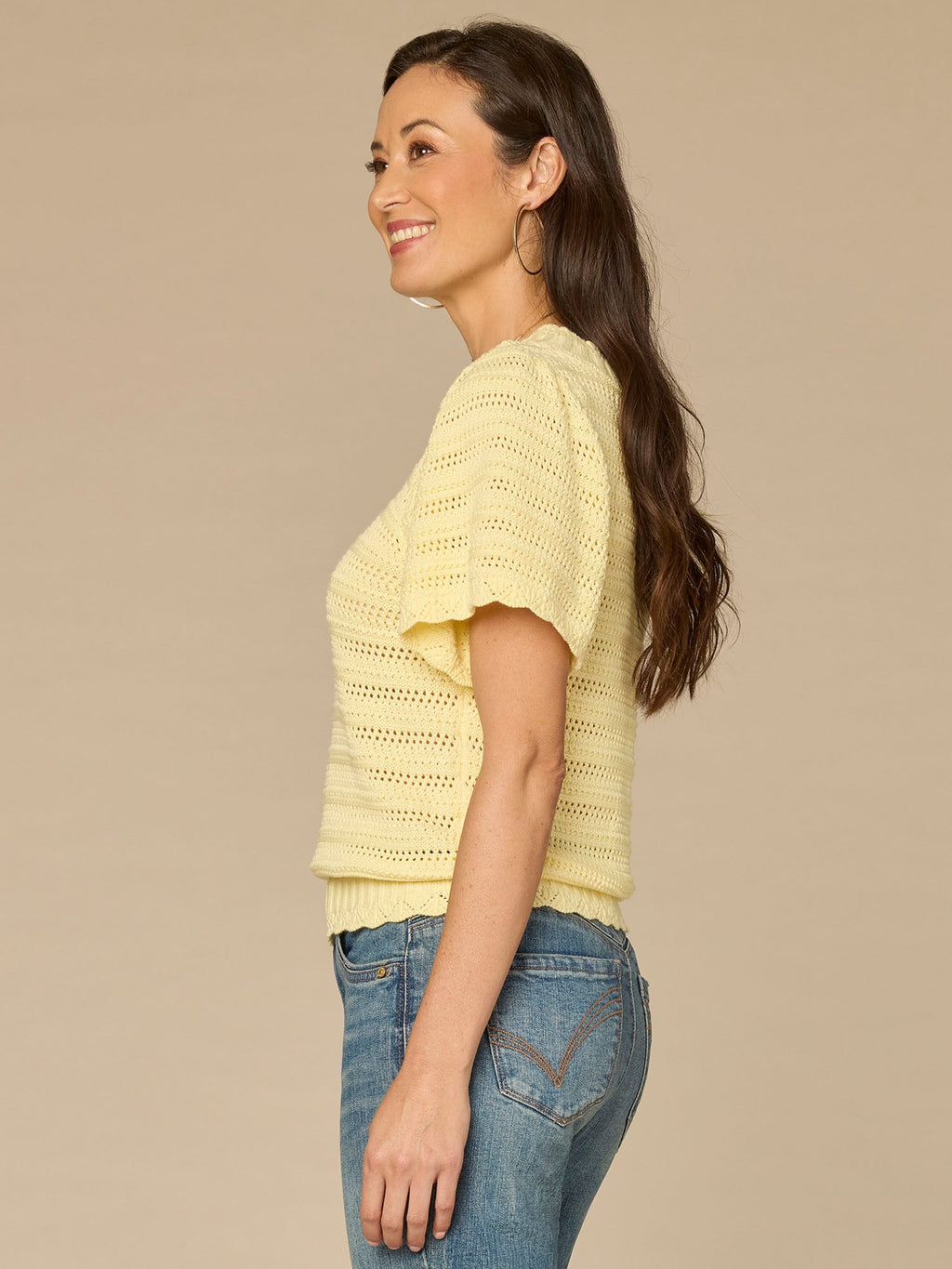 Flutter Sleeve Round Neck Crochet Yoke Scallop Edge Petite Sweater