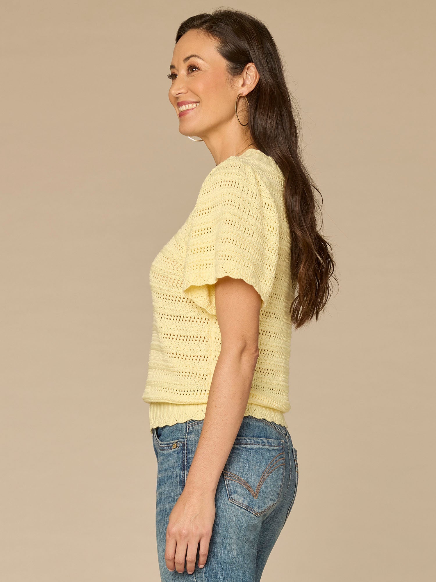 Flutter Sleeve Round Neck Crochet Yoke Scallop Edge Petite Sweater