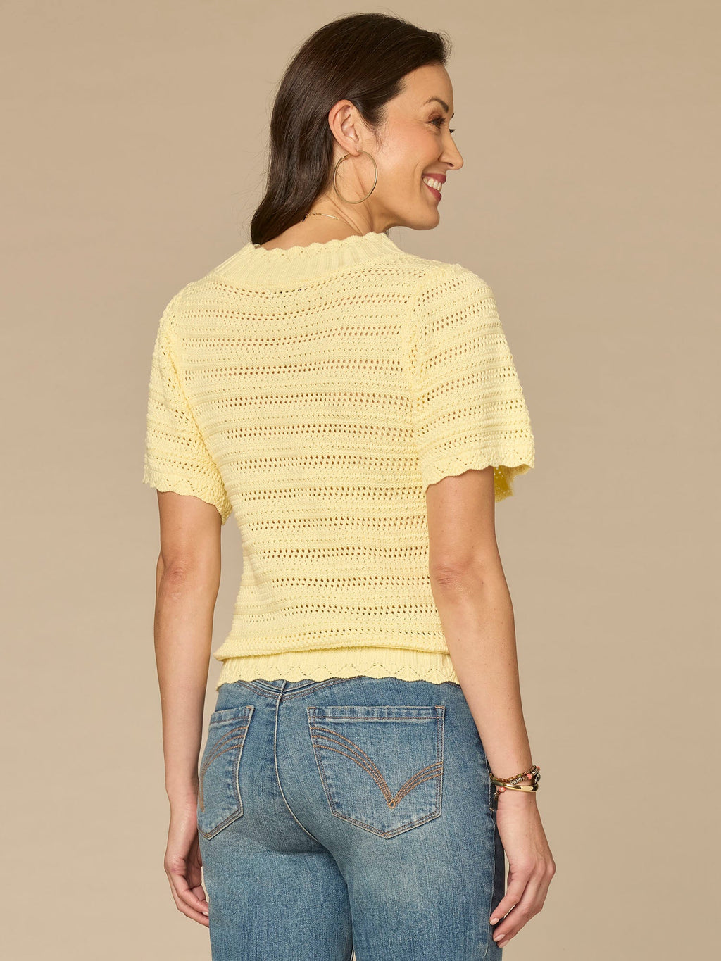 Flutter Sleeve Round Neck Crochet Yoke Scallop Edge Petite Sweater