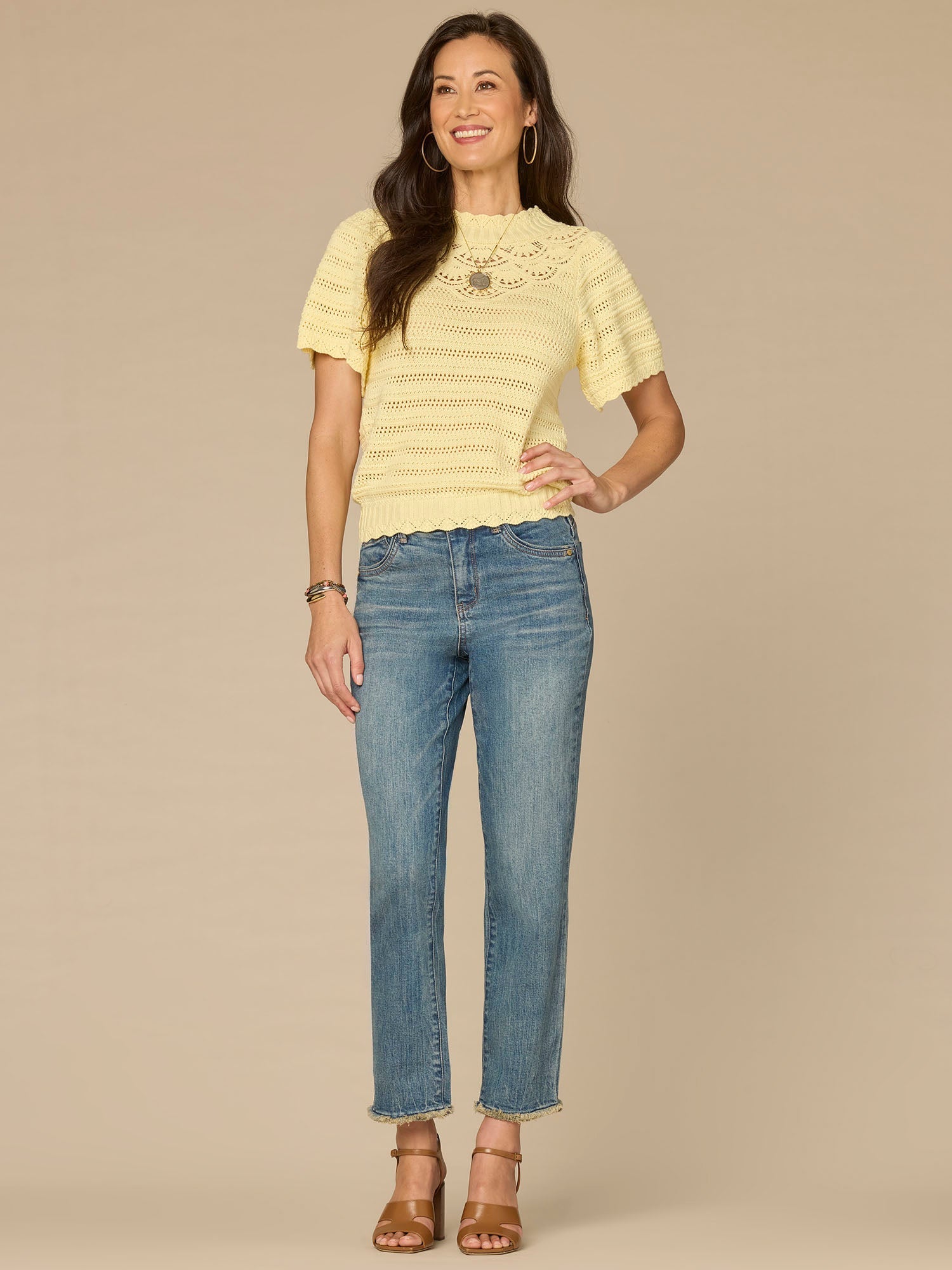 Flutter Sleeve Round Neck Crochet Yoke Scallop Edge Petite Sweater