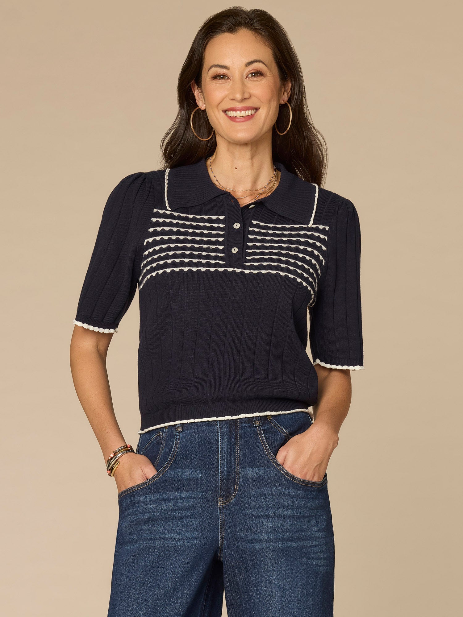 Elbow Sleeve Placement Stripe Placket Sweater with Scallop Tipping