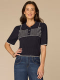 Elbow Sleeve Placement Stripe Placket Sweater with Scallop Tipping