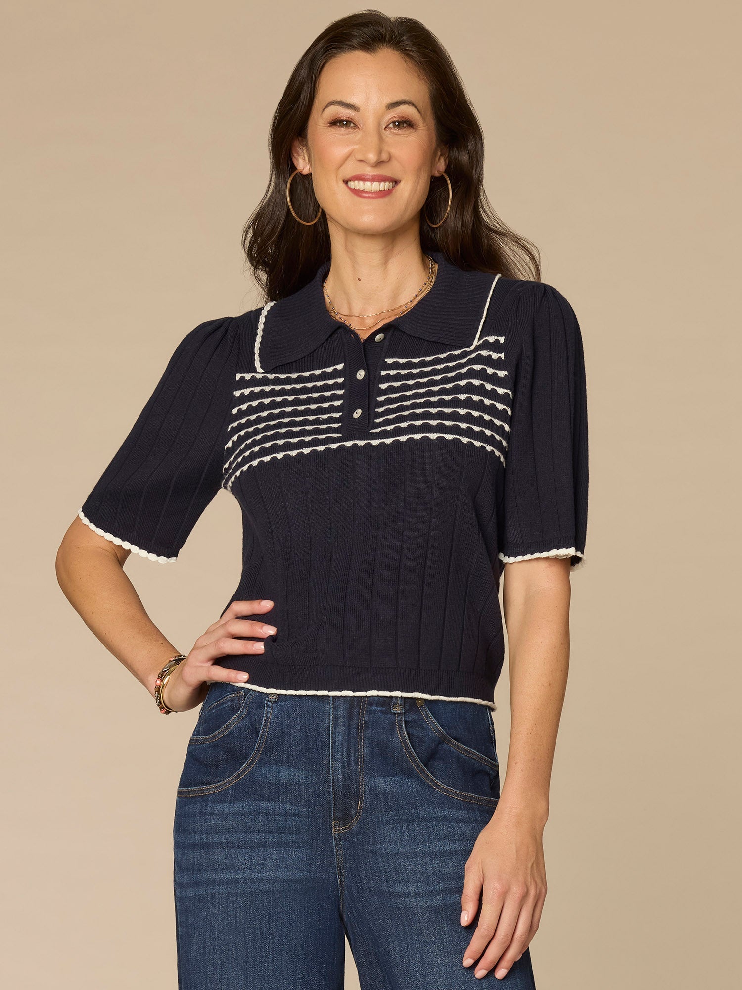 Elbow Sleeve Placement Stripe Placket Sweater with Scallop Tipping