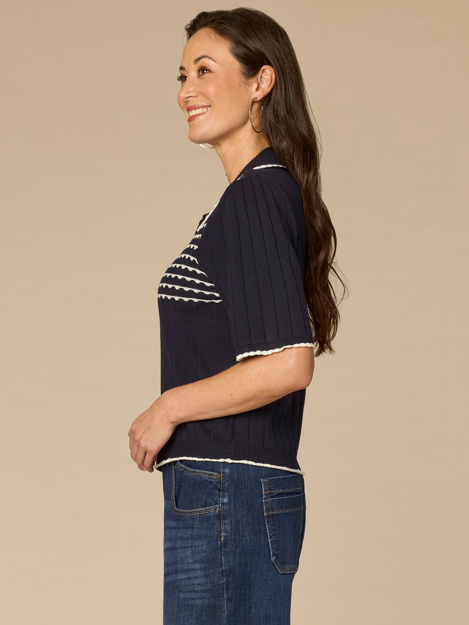 Elbow Sleeve Placement Stripe Placket Sweater with Scallop Tipping