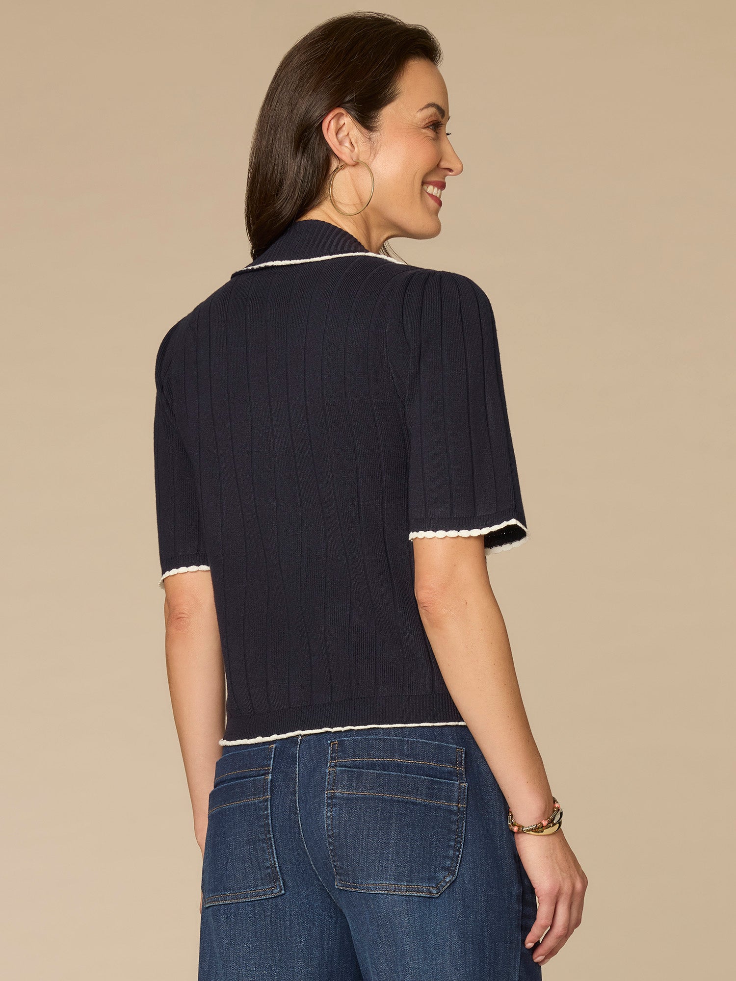 Elbow Sleeve Placement Stripe Placket Sweater with Scallop Tipping