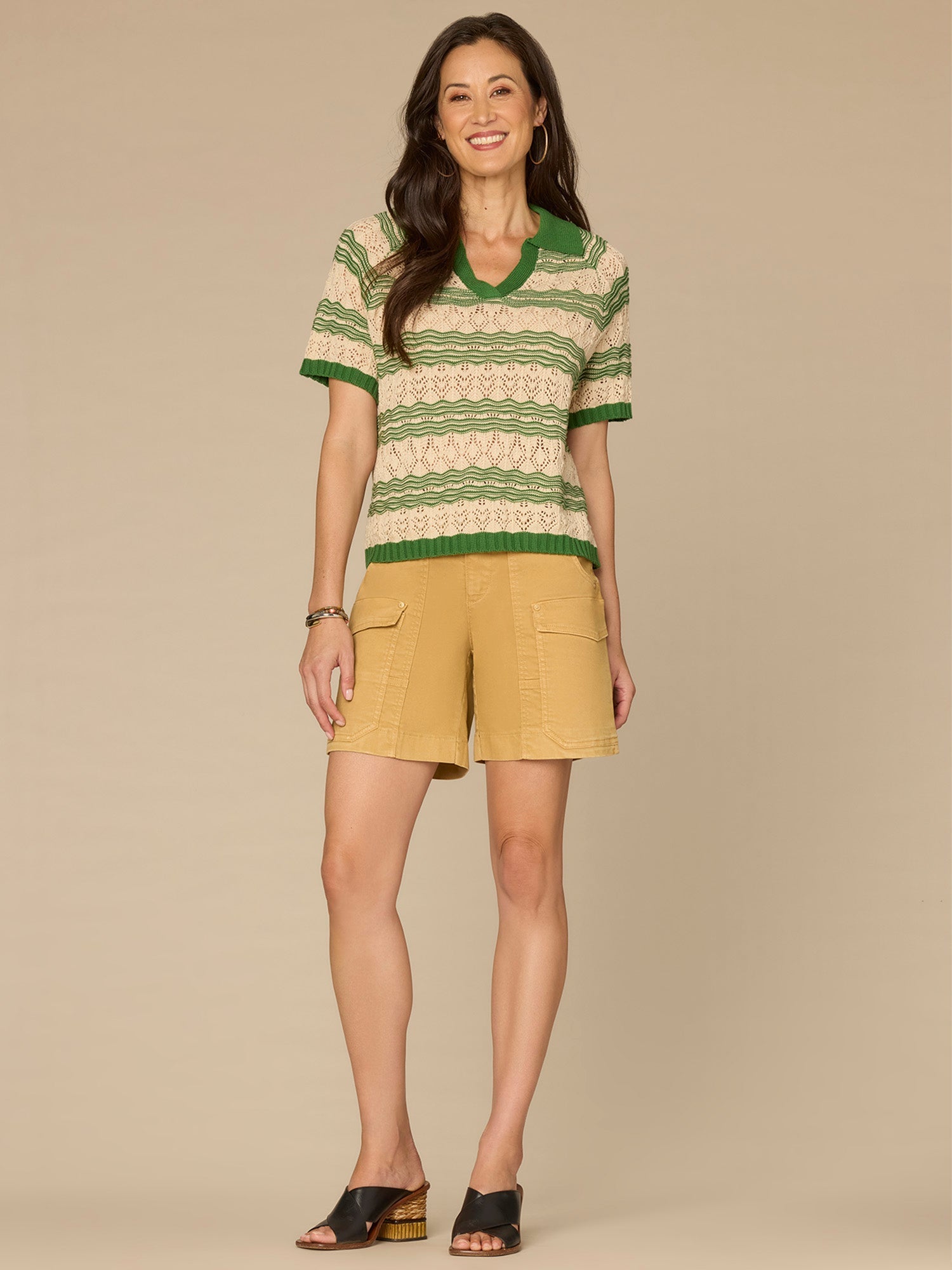 Above Elbow Sleeve V-Neck Collared Placket Novelty Stripe Stitch Sweater Polo Top
