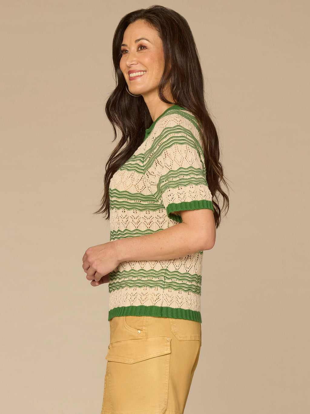 Above Elbow Sleeve V-Neck Collared Placket Novelty Stripe Stitch Sweater Polo Top