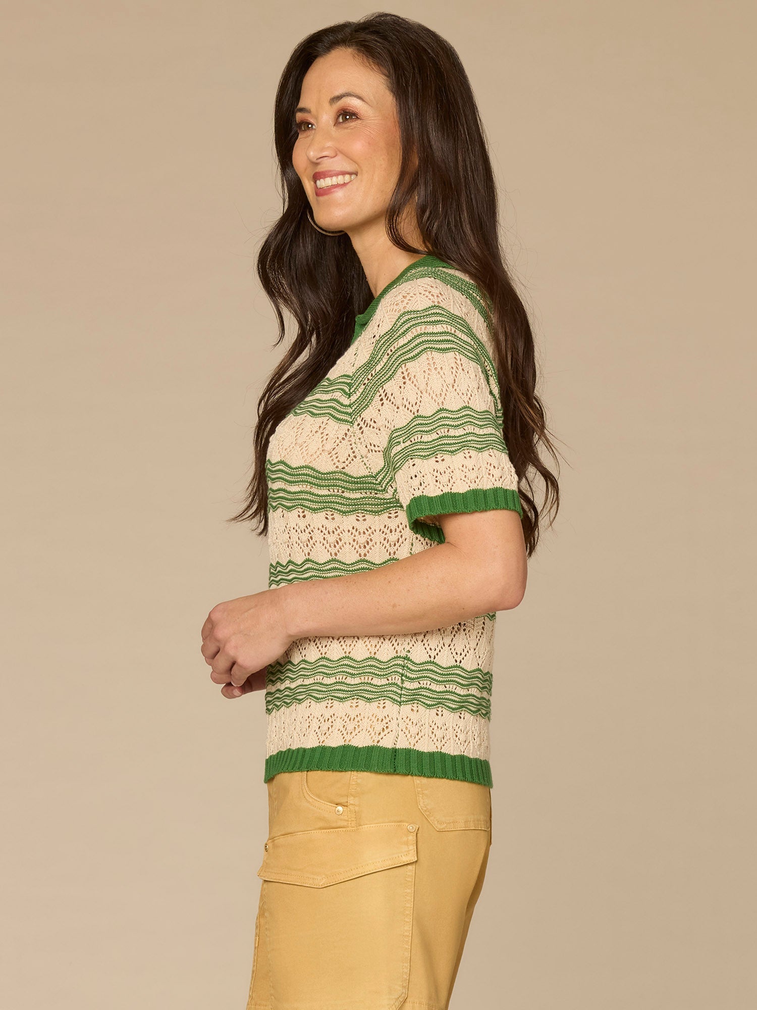 Above Elbow Sleeve V-Neck Collared Placket Novelty Stripe Stitch Sweater Polo Top