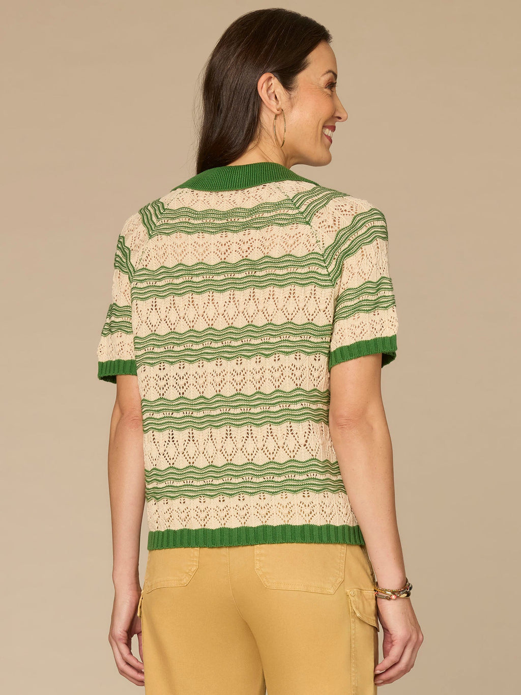 Above Elbow Sleeve V-Neck Collared Placket Novelty Stripe Stitch Sweater Polo Top