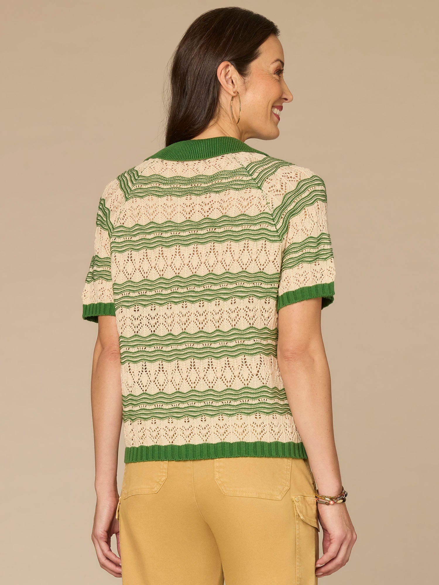 Above Elbow Sleeve V-Neck Collared Placket Novelty Stripe Stitch Sweater Polo Top
