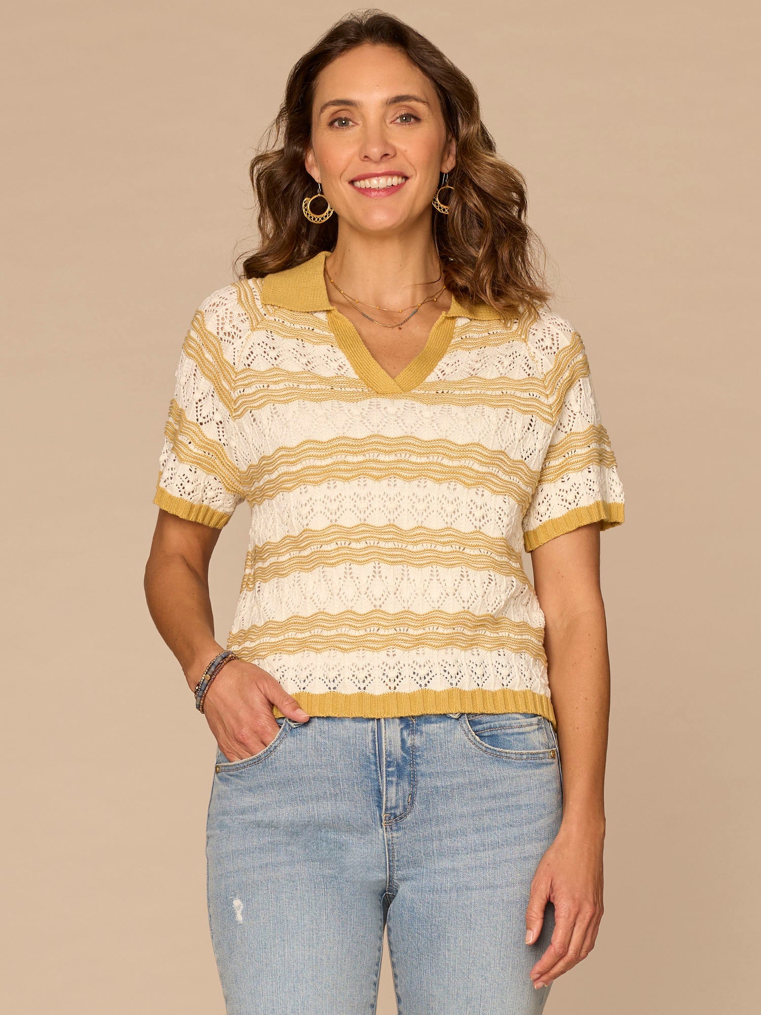Above Elbow Sleeve V-Neck Collared Placket Novelty Stripe Stitch Sweater Polo Top