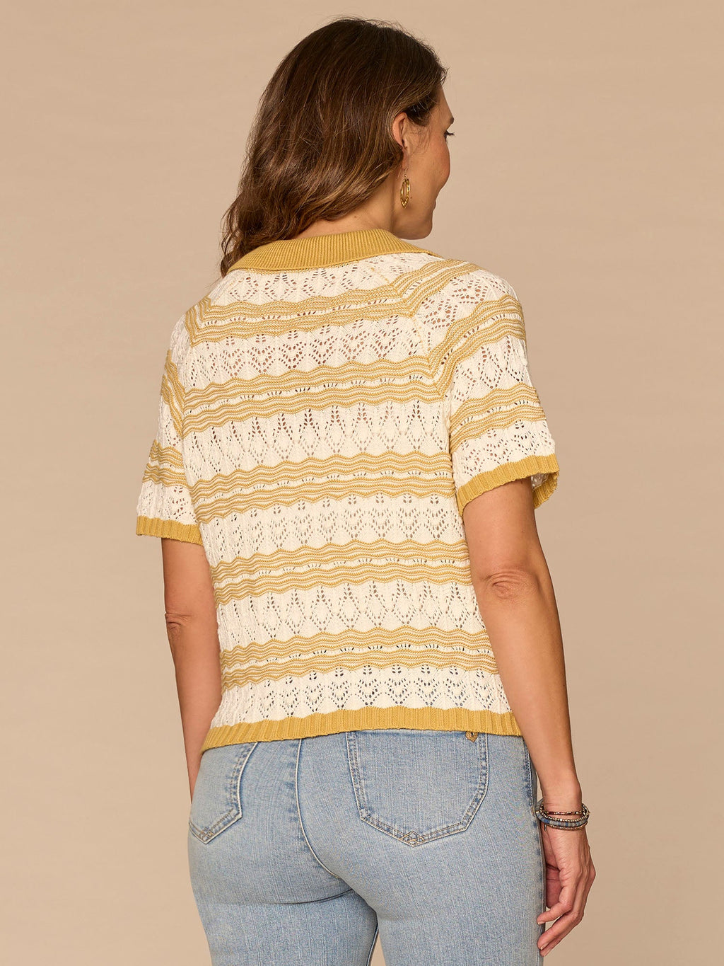 Above Elbow Sleeve V-Neck Collared Placket Novelty Stripe Stitch Sweater Polo Top