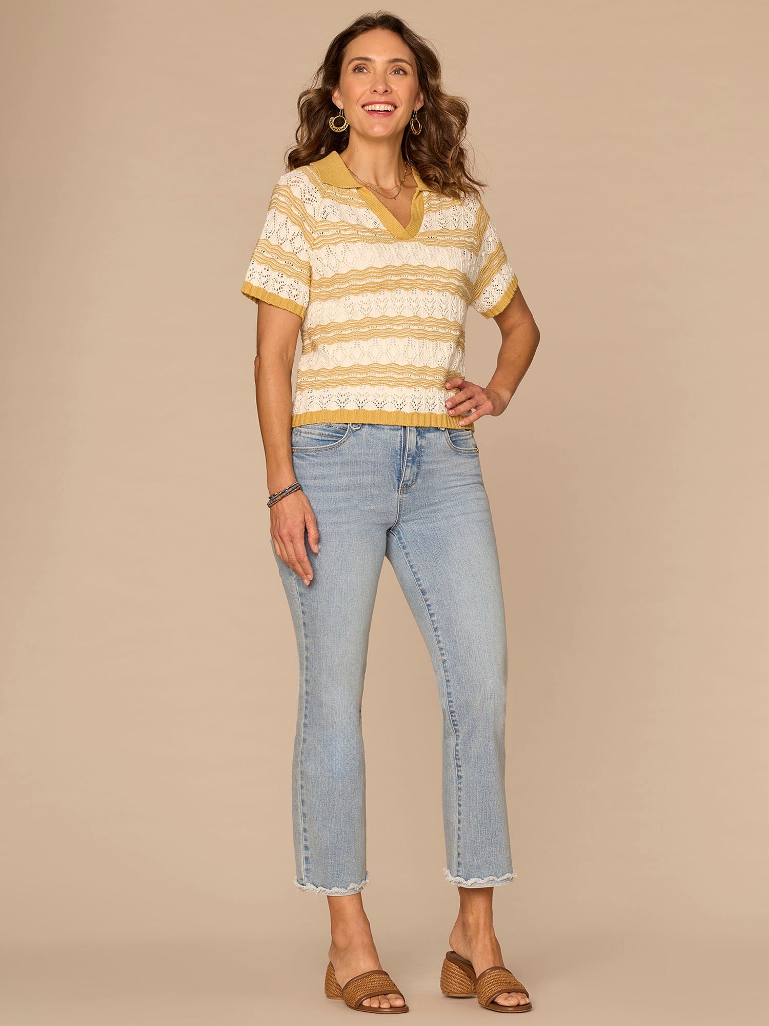 Above Elbow Sleeve V-Neck Collared Placket Novelty Stripe Stitch Sweater Polo Top