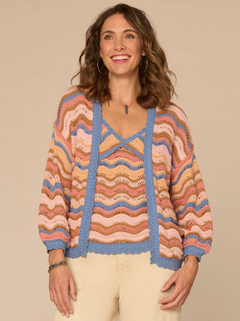 Blouson Sleeve Open Front Wavy Stripe Petite Sweater Cardigan