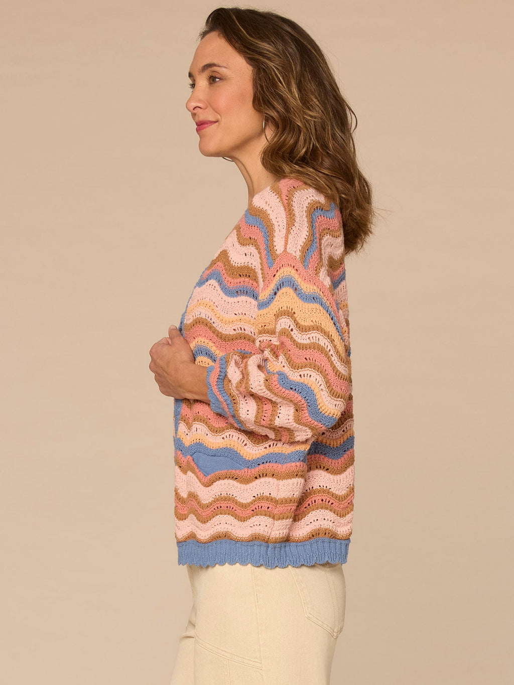Blouson Sleeve Open Front Scallop Trim Wavy Stripe Sweater Cardigan