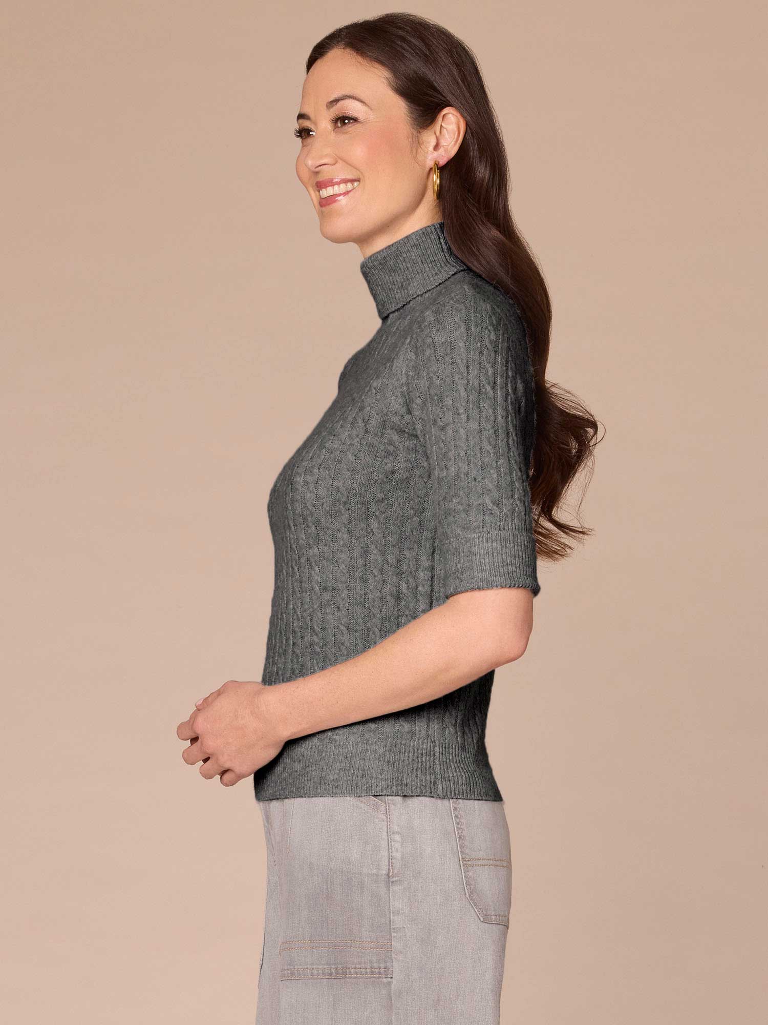 Cuffed Elbow Sleeve Turtle Neck Cable Stitch Mix Sweater