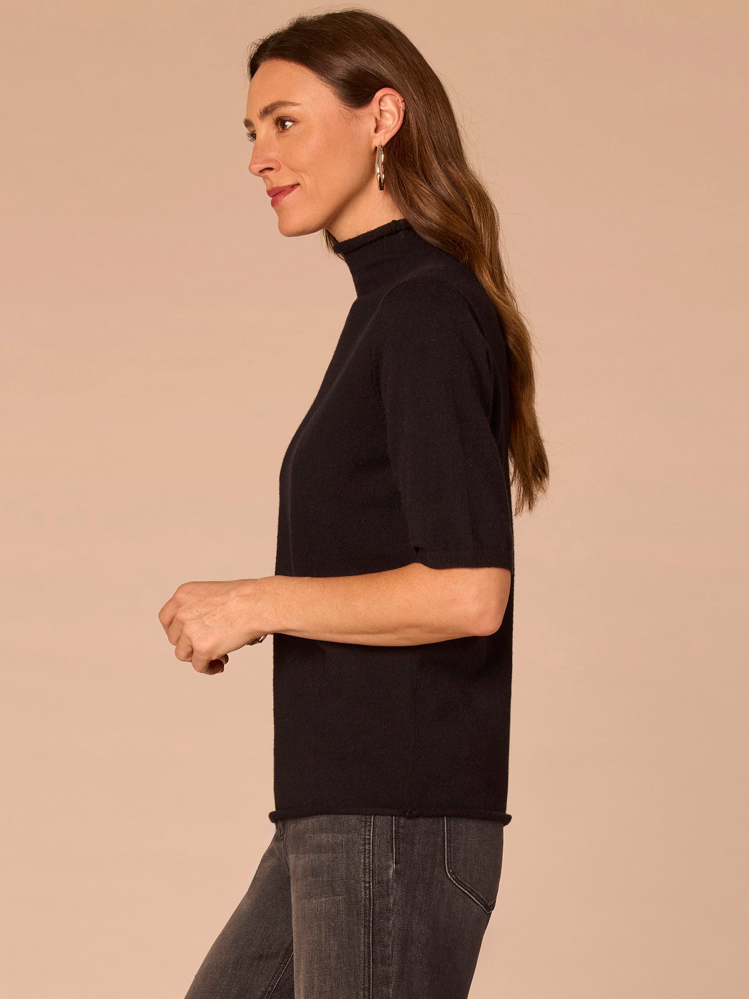 Above Elbow Sleeve Drape Mock Neck Curled Edge Petite Sweater