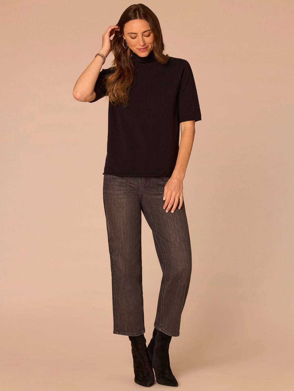 Above Elbow Sleeve Drape Mock Neck Curled Edge Sweater