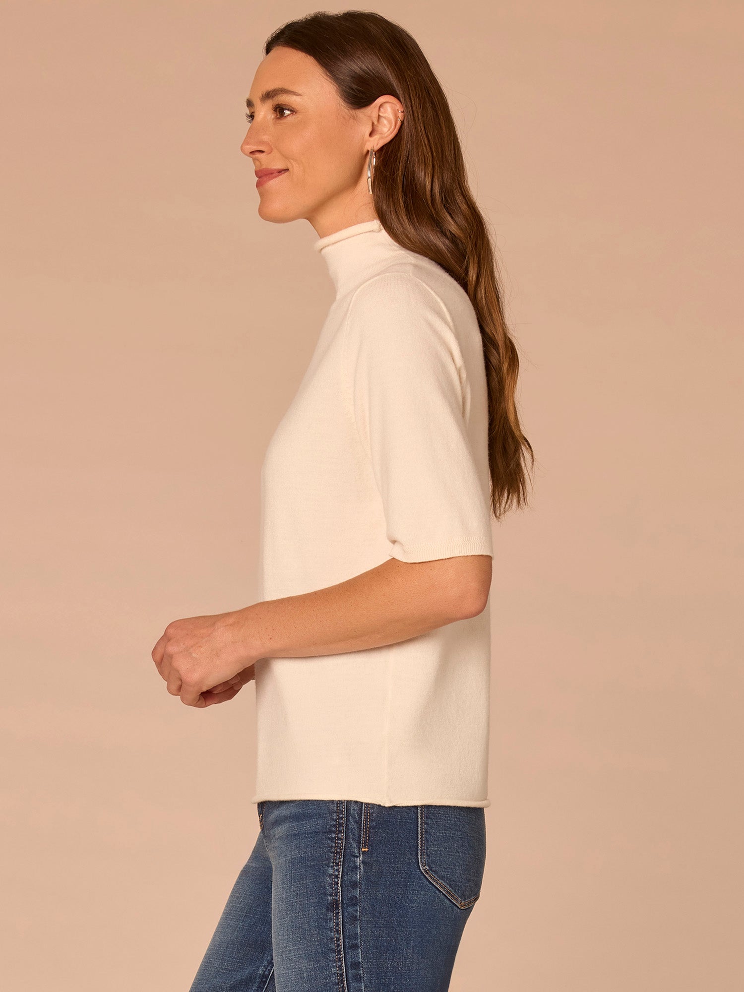Above Elbow Sleeve Drape Mock Neck Curled Edge Sweater