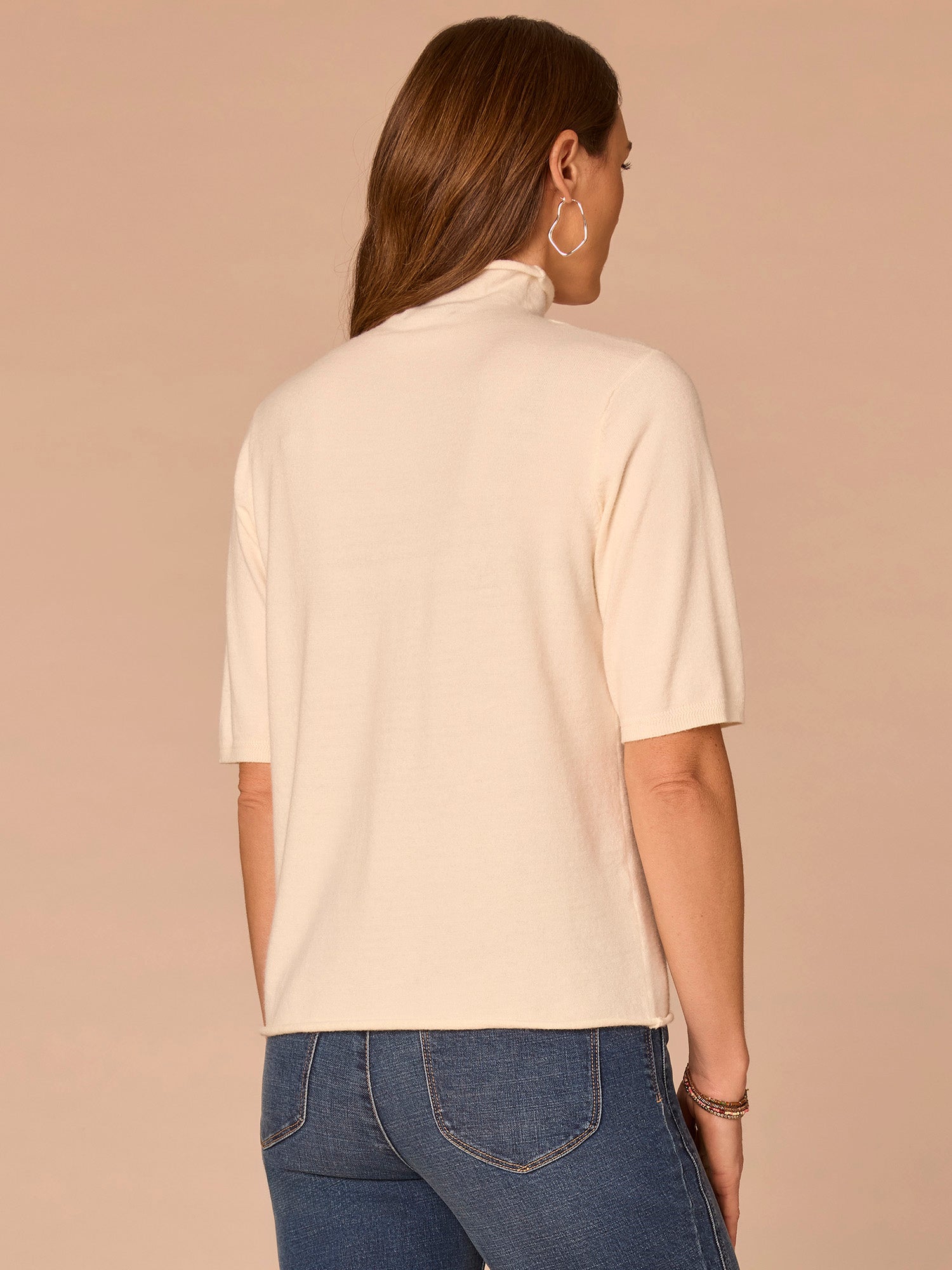Above Elbow Sleeve Drape Mock Neck Curled Edge Sweater