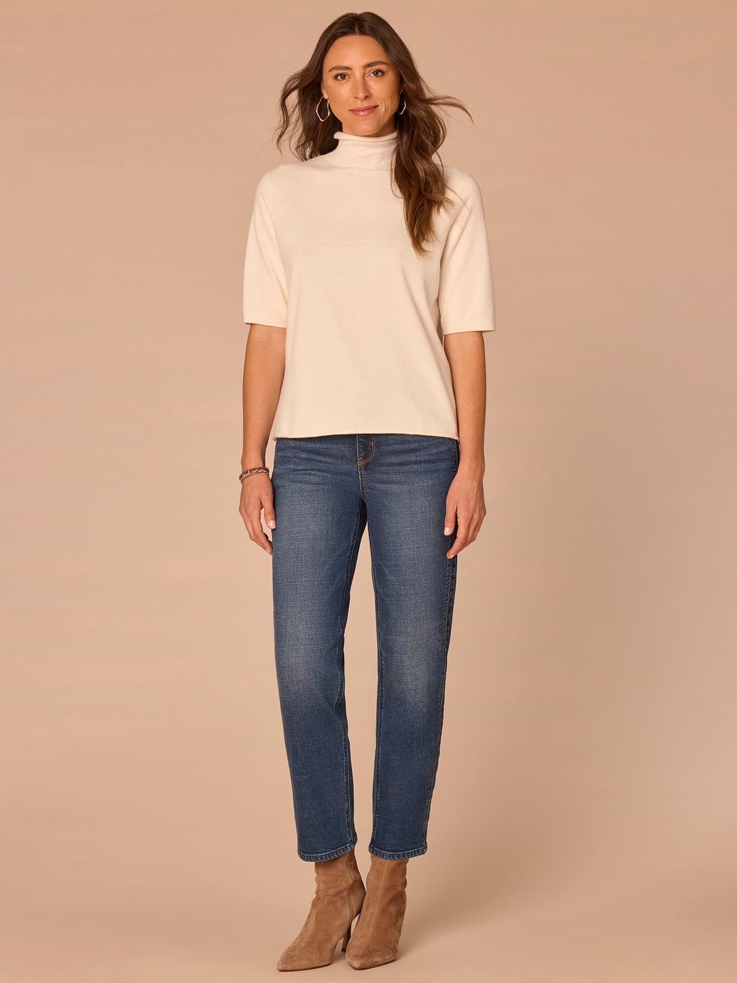 Above Elbow Sleeve Drape Mock Neck Curled Edge Sweater