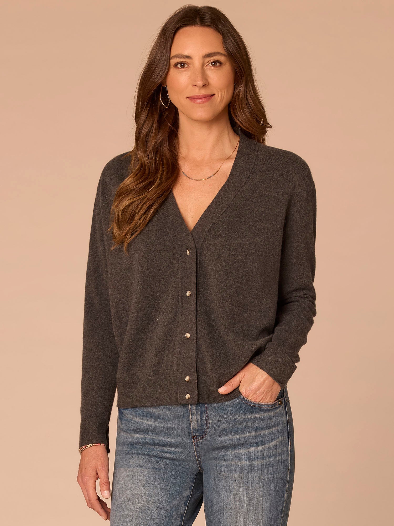 Cuffed Long Sleeve V-Neck Button Down Printed Mixed Media Cardigan