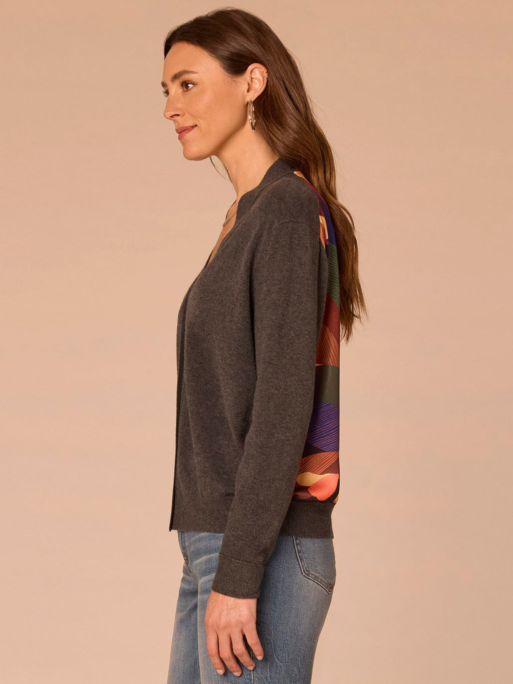 Cuffed Long Sleeve V-Neck Button Down Printed Mixed Media Cardigan