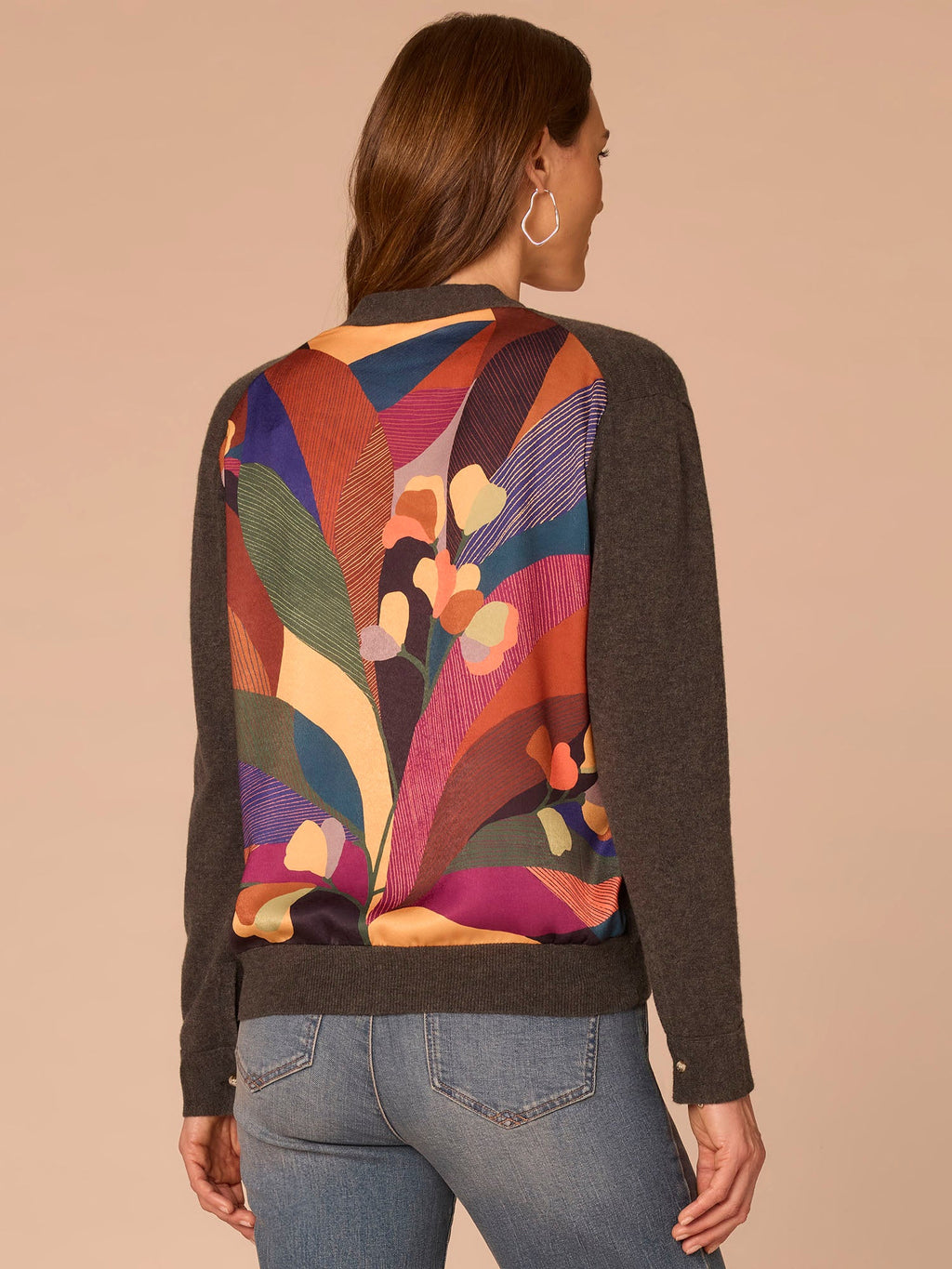 Cuffed Long Sleeve V-Neck Button Down Printed Mixed Media Cardigan