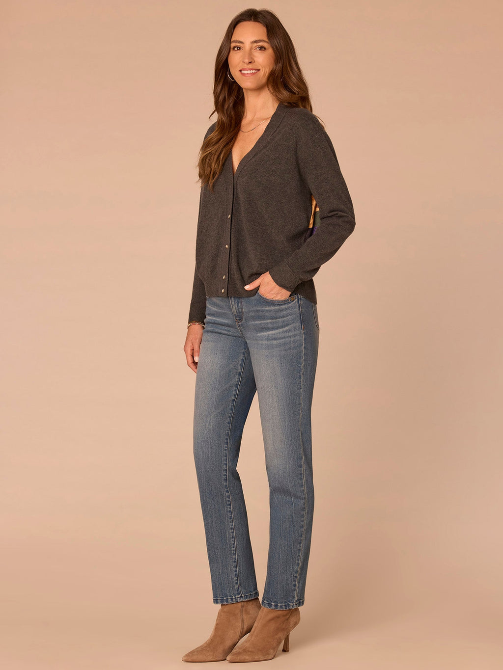 Cuffed Long Sleeve V-Neck Button Down Printed Mixed Media Cardigan